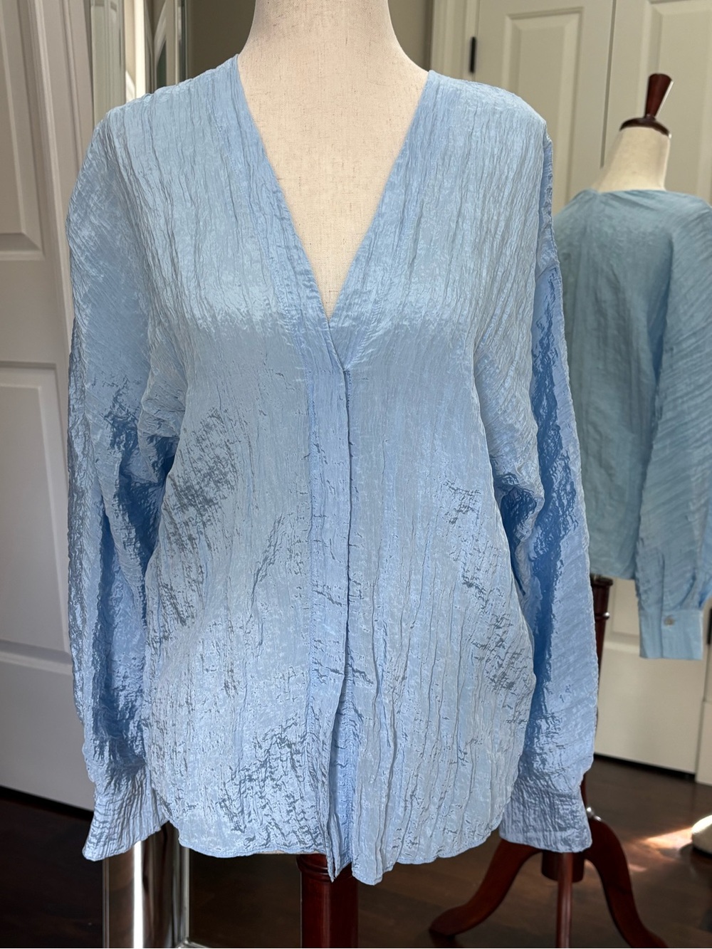 Vince Light Blue Crinkle V-Neck Blouse